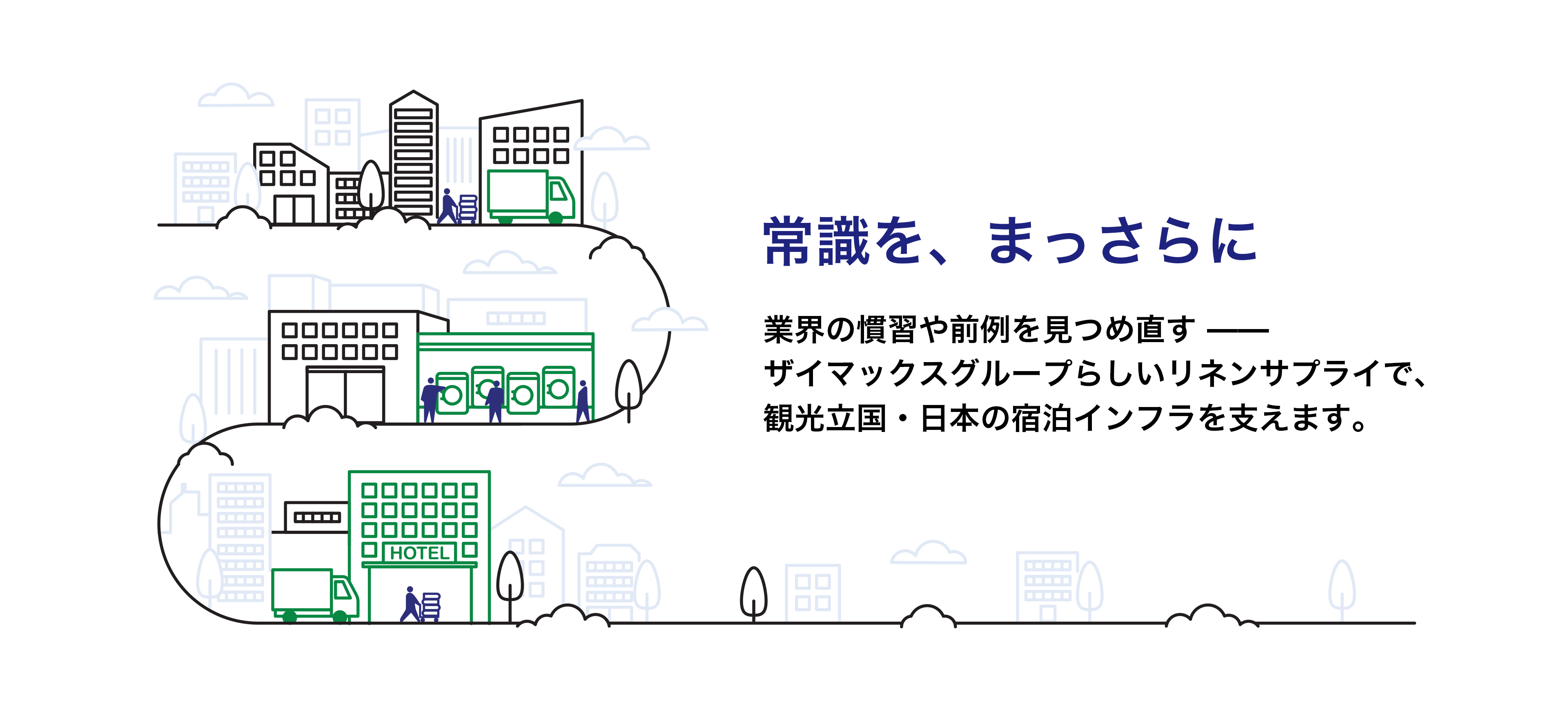 常識を、まっさらに 業界の慣習や前例を見つめ直す ザイマックスグループらしいリネンサプライで、観光立国・日本の宿泊インフラを支えます。